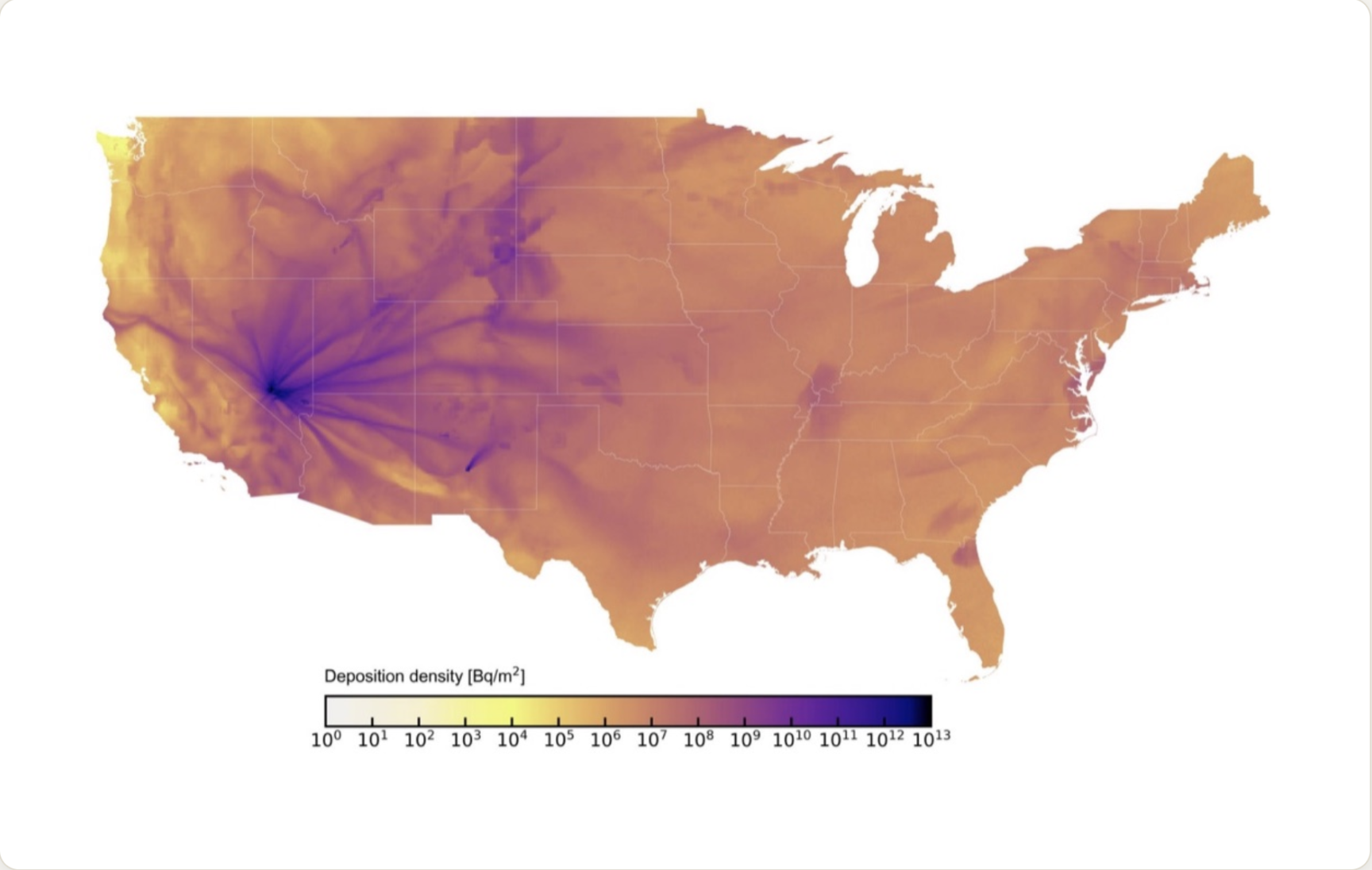 Map of the United States showing radioactive deposition density from atmospheric nuclear testing, heaviest around the Nevada Test Site