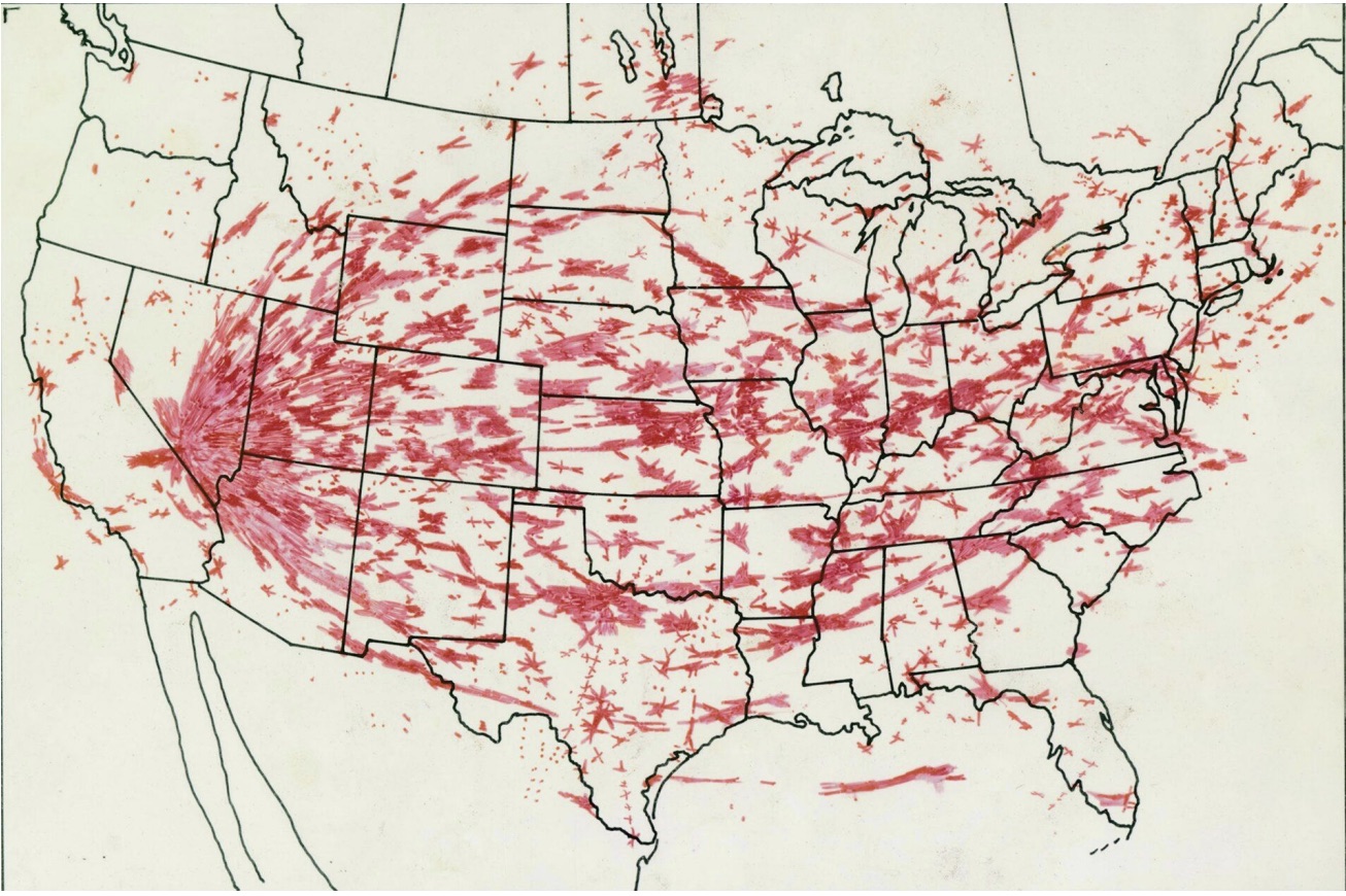 Hand-marked fallout path map across the United States