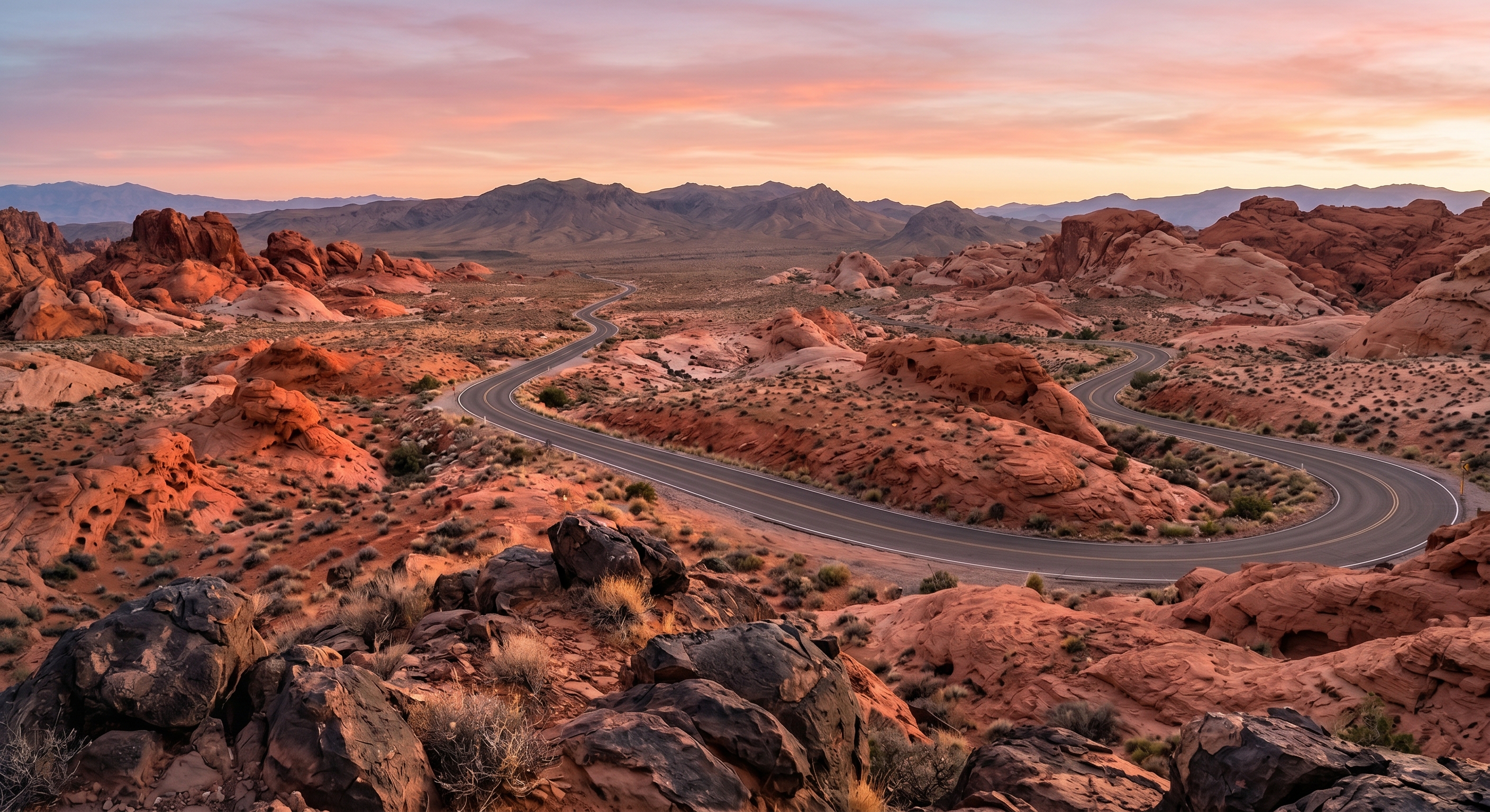 A road winding through New Mexico's high desert at dusk